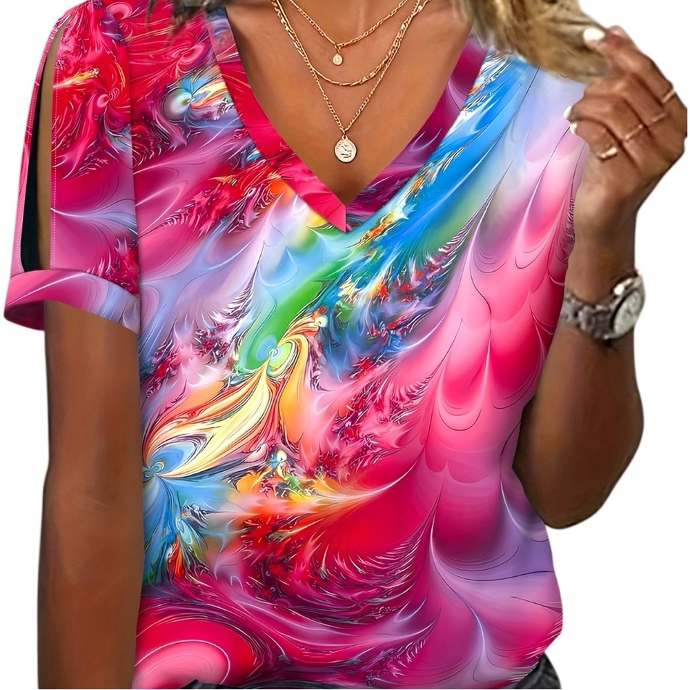 Soft V-neck Short Sleeve Polyester/Elastane Multicolored Graphic Pullover Top